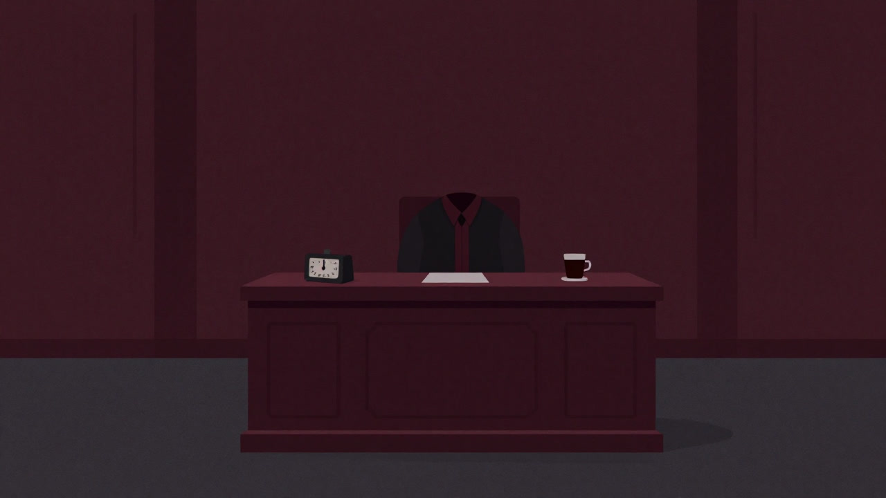 市役所の一室で裁判官がタイマーとエスプレッソを前に審理を行っている暗いロビーのイラスト