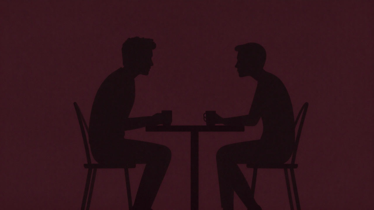 Silhouettes of two strangers having light conversation across a cafe table