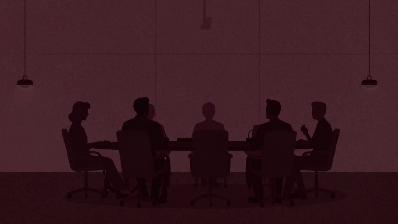 Illustration of silhouettes around a conference table exchanging meaningless words.