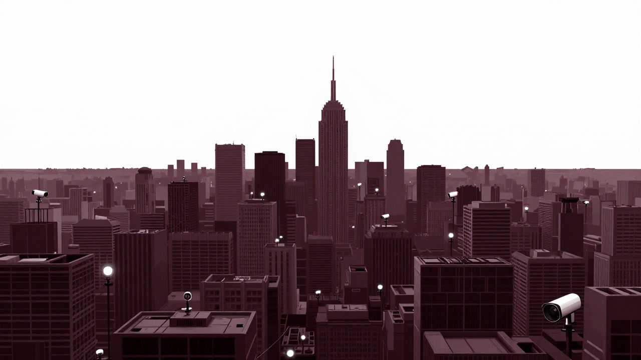 巨大なセンサーを纏い、目を光らせる未来都市の鳥瞰図