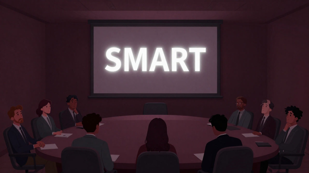 A dimly lit conference room where a slide showing SMART goals acronym glows emptily