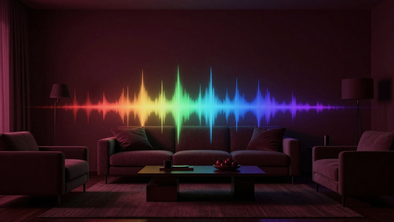 A dark room illuminated by a smart light cycling through various colors