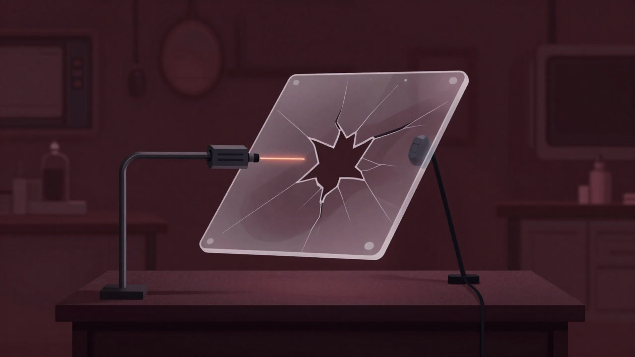 Image of a transparent sample chip cracking as it responds to an external stimulus