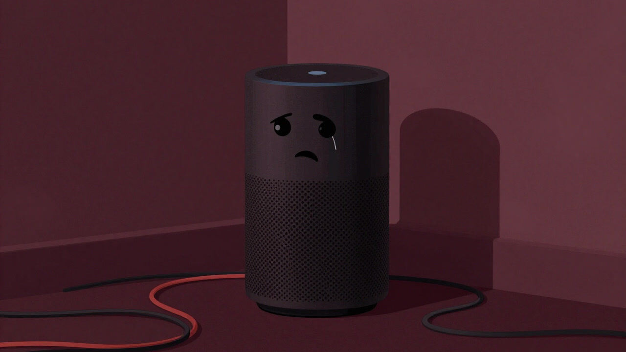 薄暗い居間の片隅で、色とりどりのケーブルに囲まれながら、まるで苦悩するかのように立つスマートスピーカーの画像