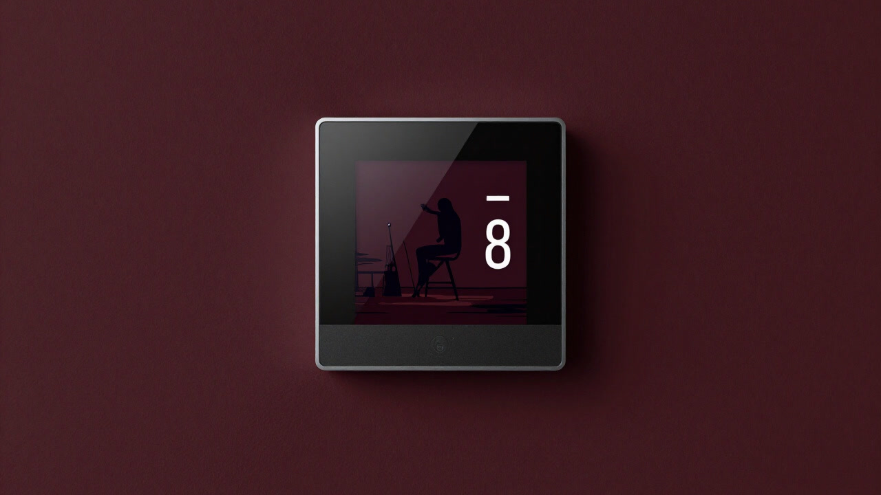 A smart thermostat mounted on a modern living room wall displays temperature on a dim screen.