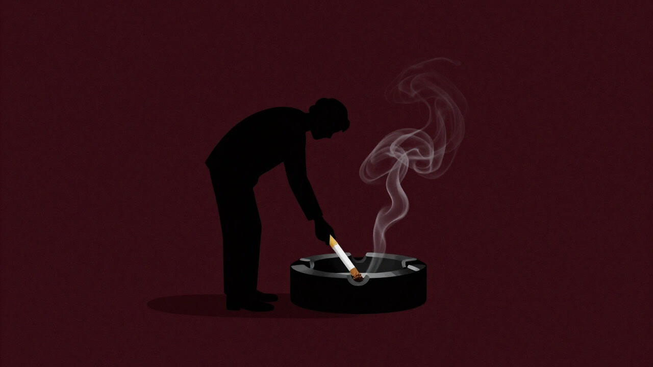 Silhouette of a person in front of an ashtray billowing smoke