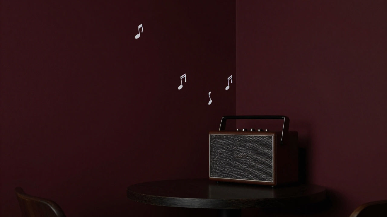 A speaker in the corner of a cafe faintly playing a melancholy melody nobody listens to.
