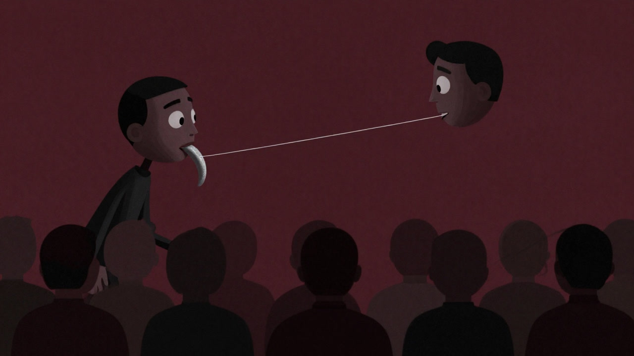 Illustration of an enchanting puppet with a silver tongue weaving silk-like words to manipulate an audience.