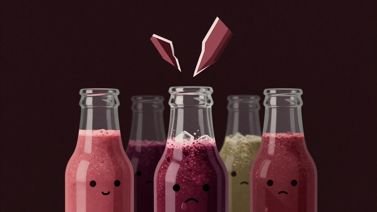 ガラスのボトルに注がれた色とりどりのスムージーが、罪悪感の欠片を氷と一緒に浮かべている様子