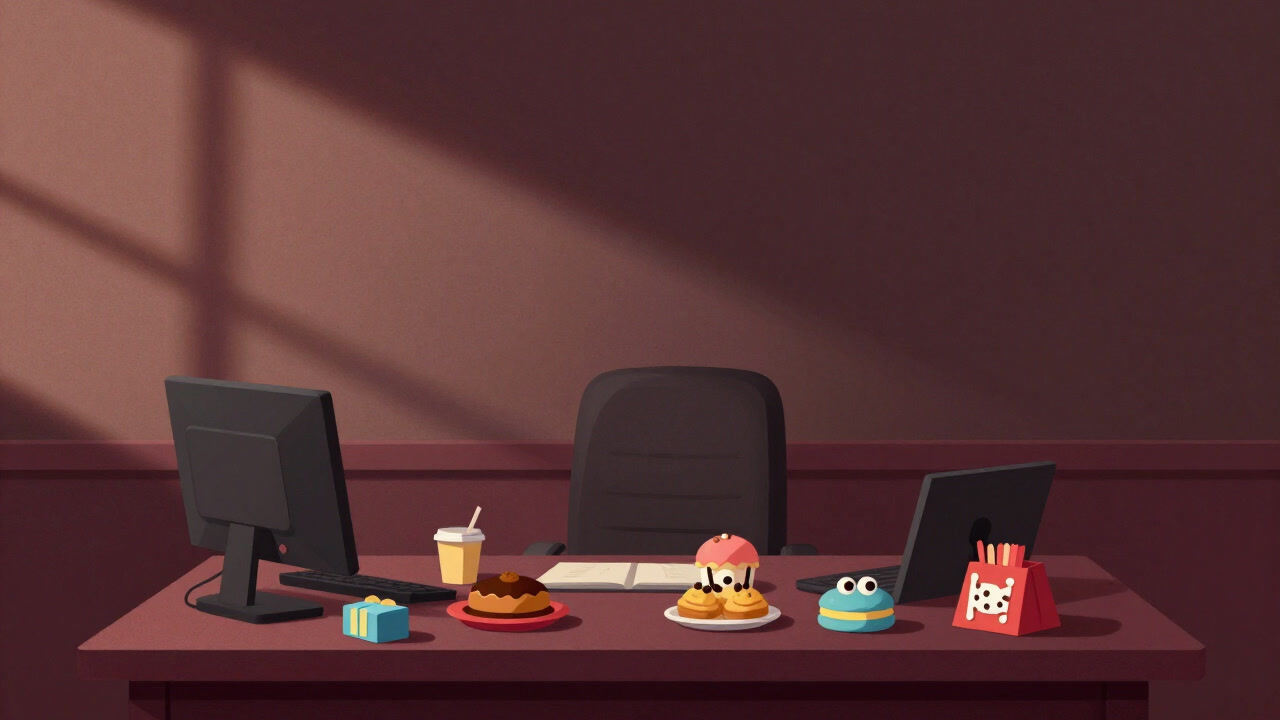 An office corner where snacks are scattered on a desk and a sweet aroma lingers