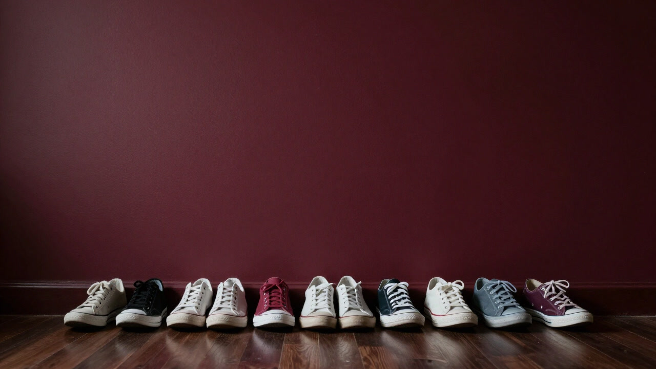 カラフルなスニーカーが壁に並べられ、主を待つ様子をとらえた画像