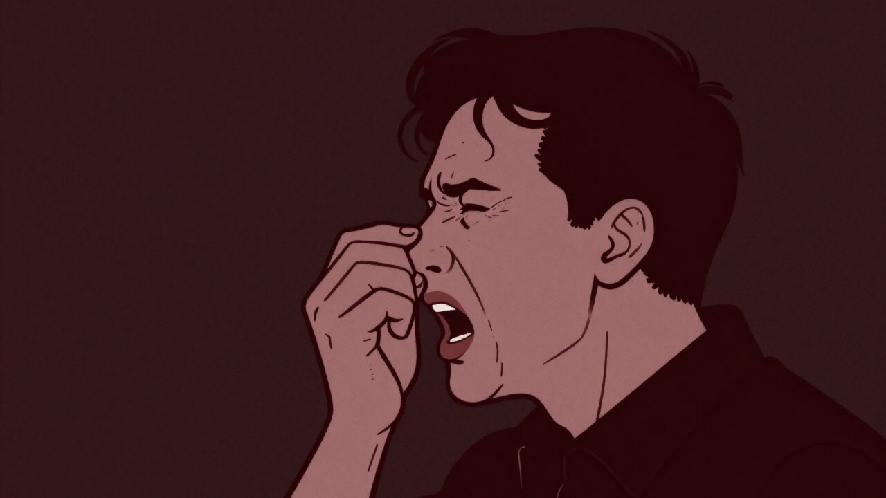 くしゃみをこらえきれず、顔をしかめている人の横顔のイラスト