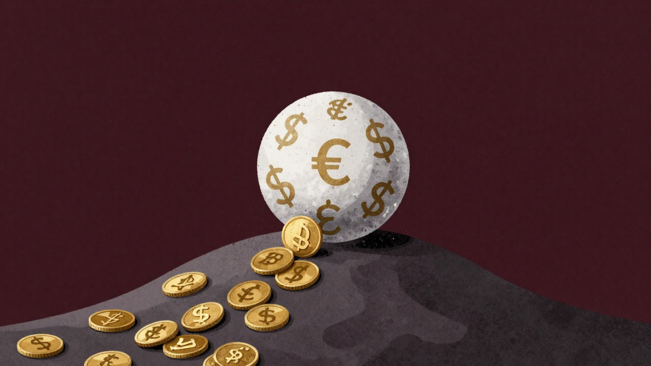 Illustration of a snowball covered in currency symbols rolling down a hill of coins