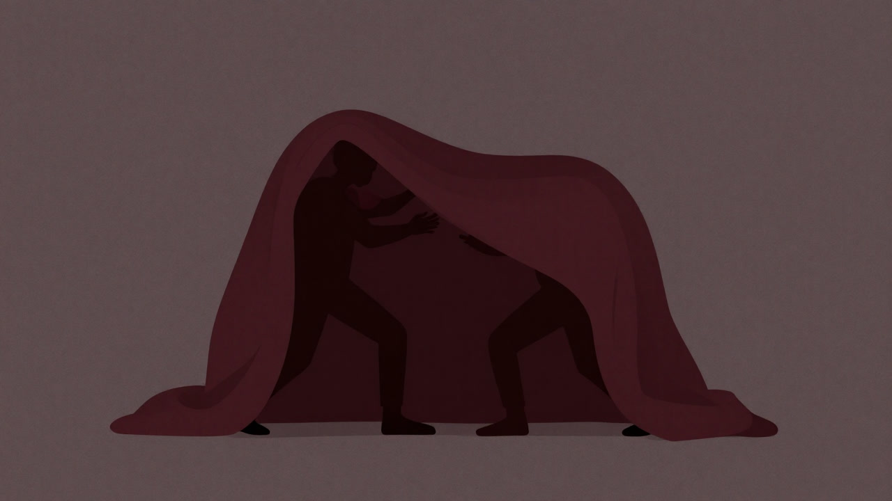 Silhouette of a couple under a giant blanket struggling to embrace each other.