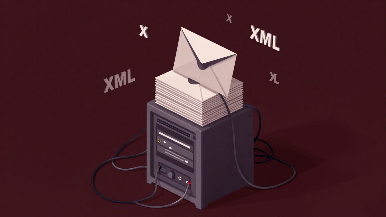 An abstract representation of communication buried under heavy SOAP envelopes, resembling an old server rack.