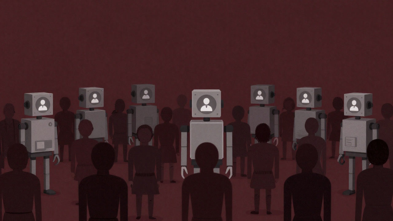 Satirical illustration of robots with social media icons for faces manipulating human avatars