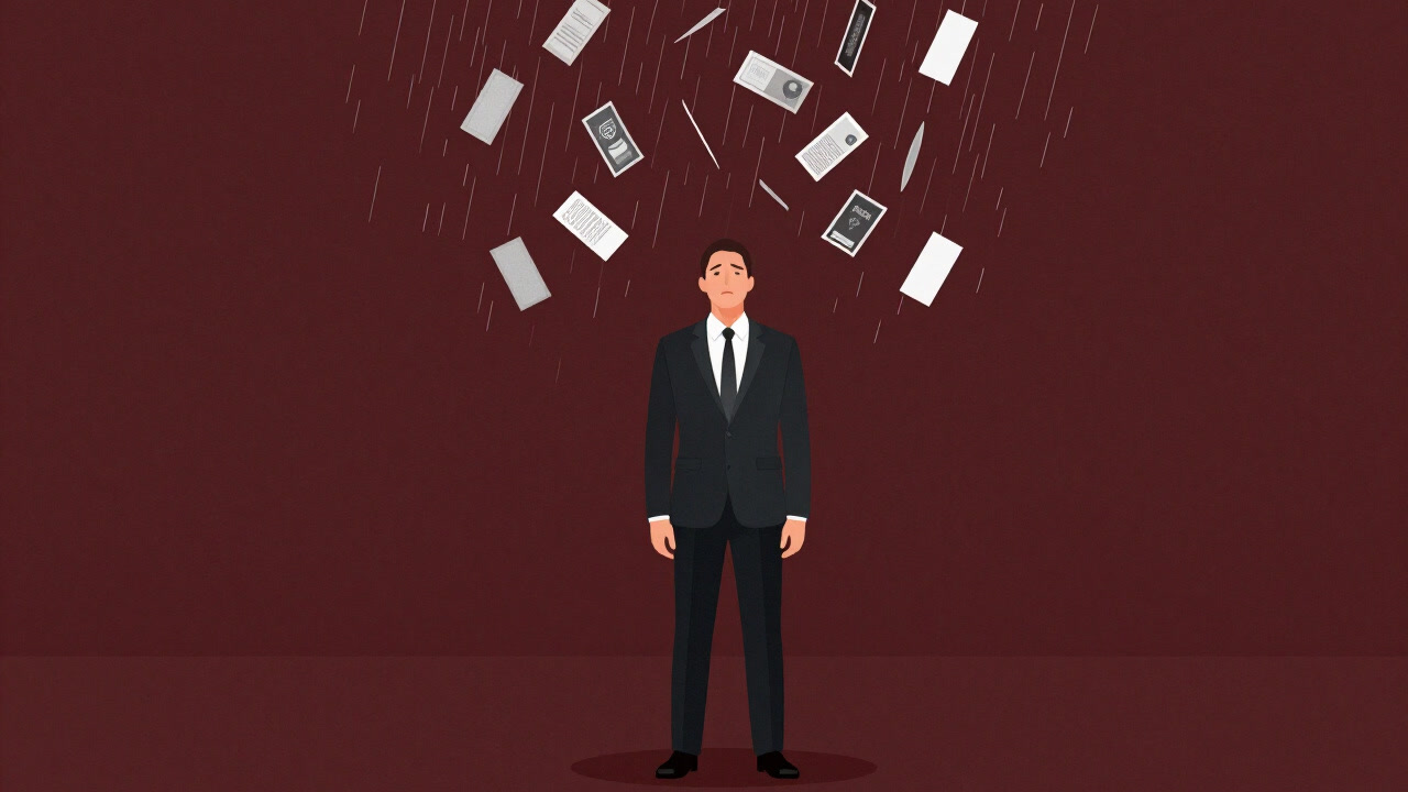 名刺の雨の中で傘もなく立ち尽くすビジネスマンのシルエット