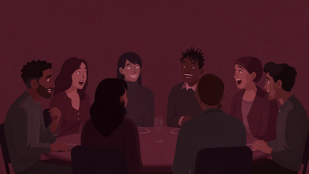 見知らぬ人々と笑顔で会話を交わす恐怖に満ちた集団のイラスト