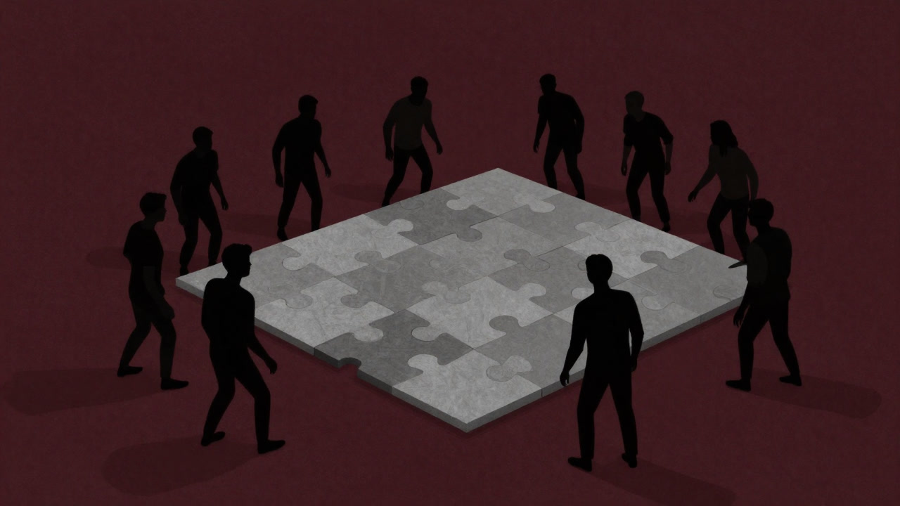 Illustration of people holding hands like shadow puppets assembling a giant puzzle of reality