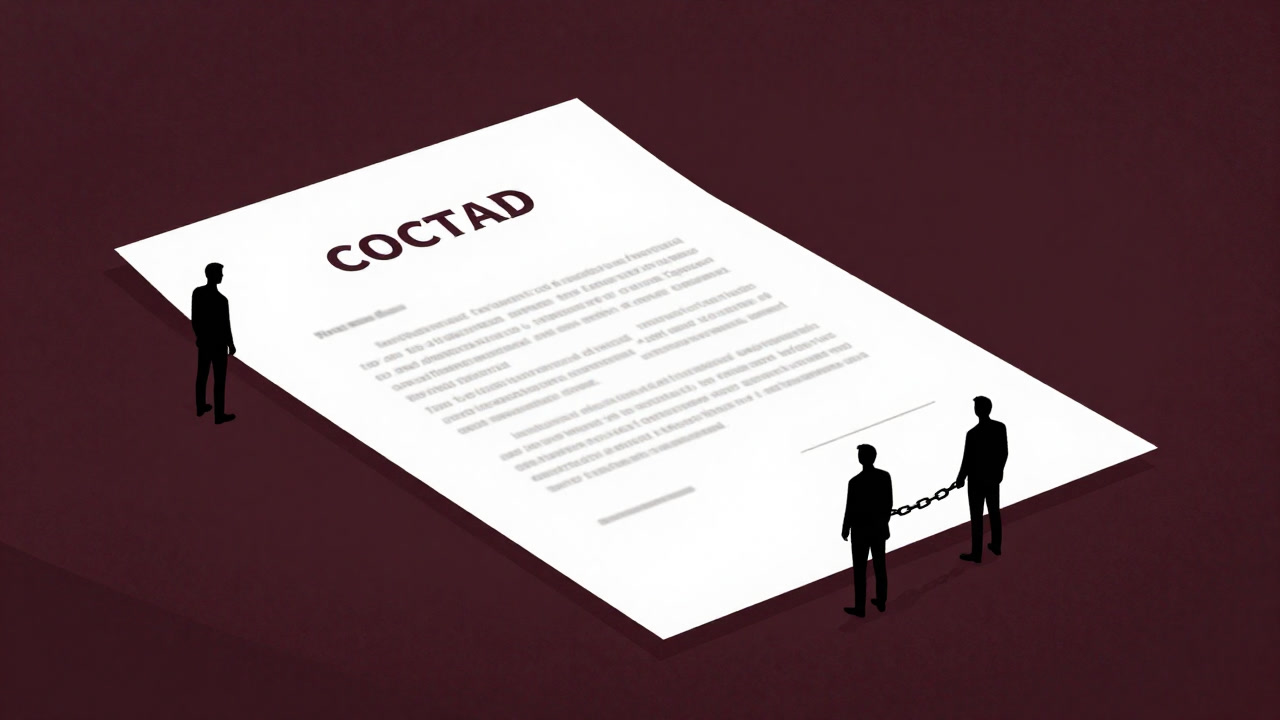 Silhouettes of citizens chained to a giant contract floating against a dark background.