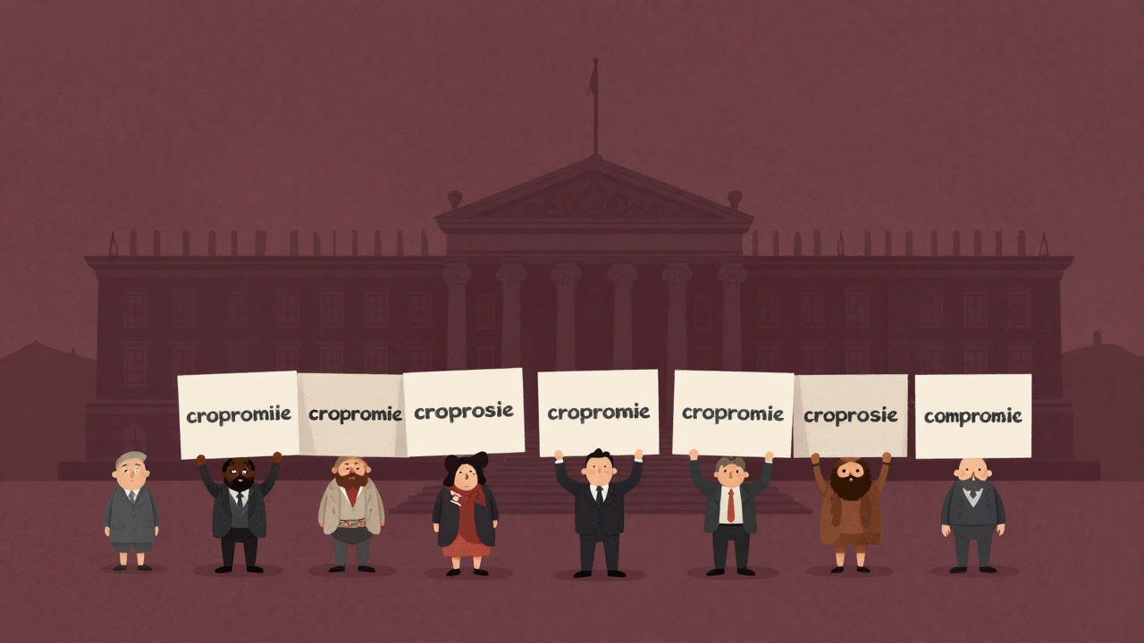 市庁舎の前で、平和に妥協案を掲げたプラカードを持つ人々が整列しているイラスト