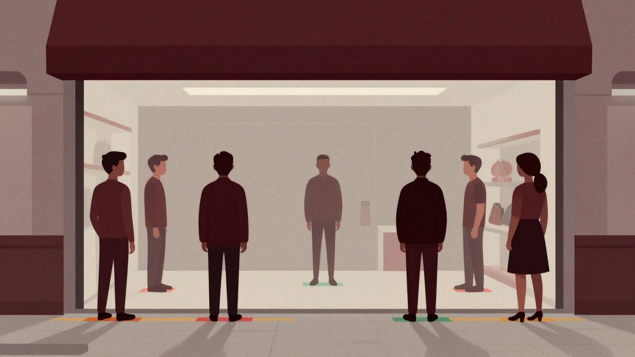 床にテープで距離マークが描かれた商店の入口で立ち尽くす人々のイラスト