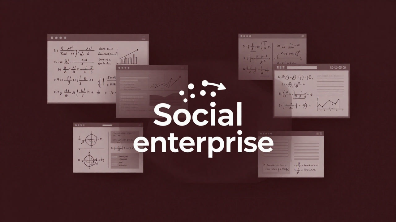 Illustration of a social enterprise logo overlapping slide decks with equations floating in the background