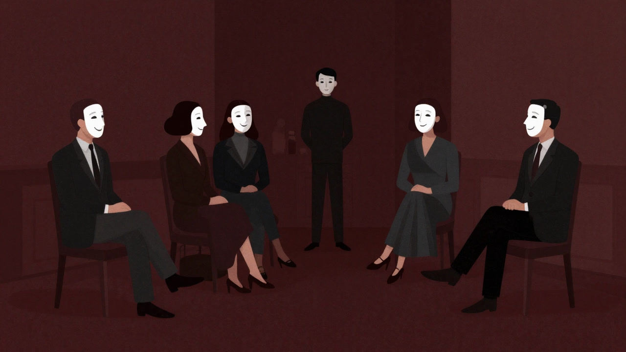 マスクのような笑顔で談笑する人々を、遠巻きに観察する孤独な参加者のシルエット