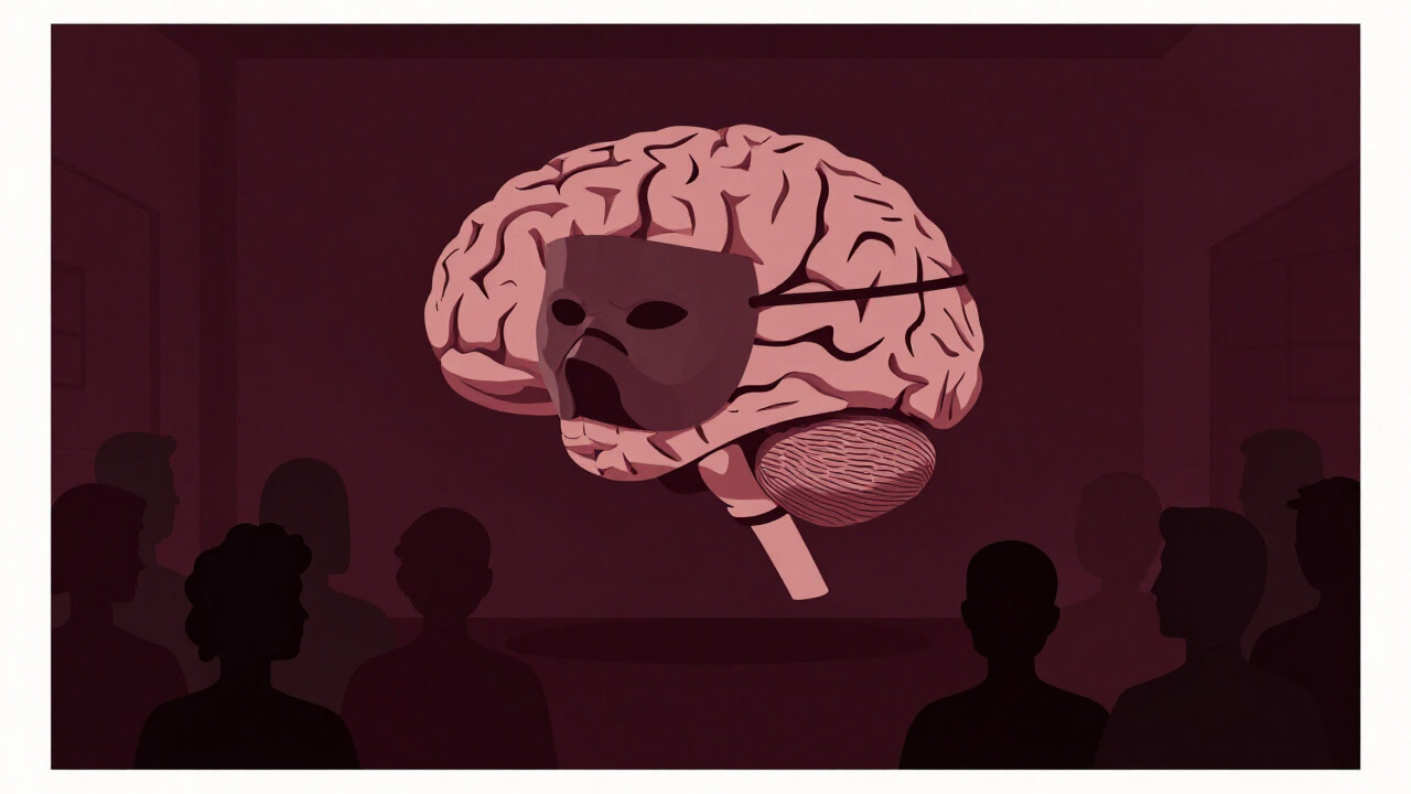 Illustration of a brain wearing a mask observing a crowd