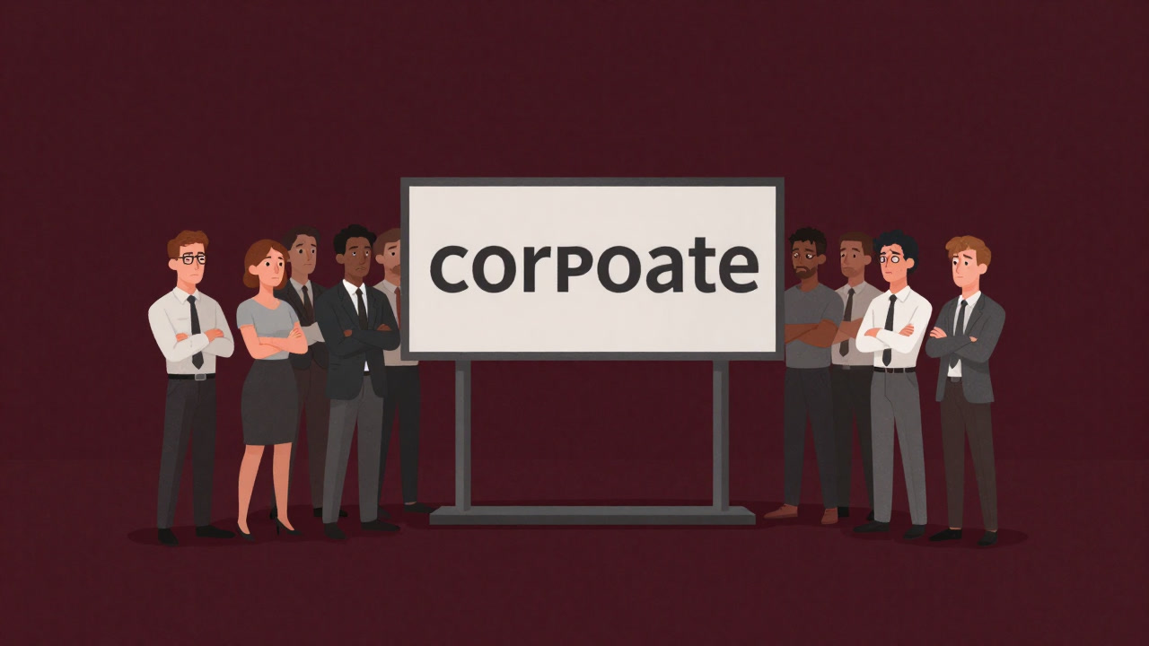 企業の看板を囲む市民が疑わしげに腕を組むイラスト