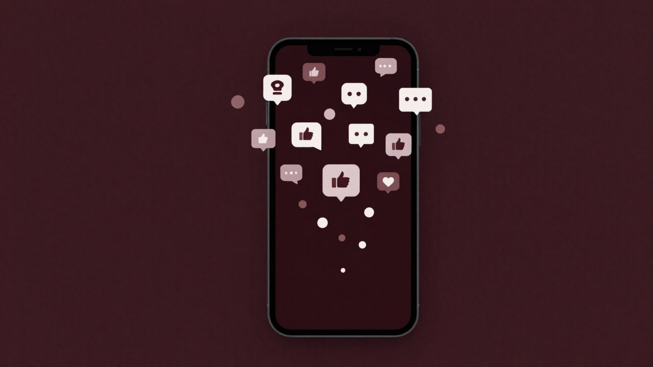 スマートフォンの画面越しに数えきれない通知アイコンが浮かび上がるイラスト