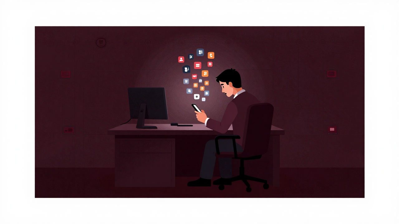 Illustration of a weary marketer staring at a smartphone screen flooded with endless notification icons.