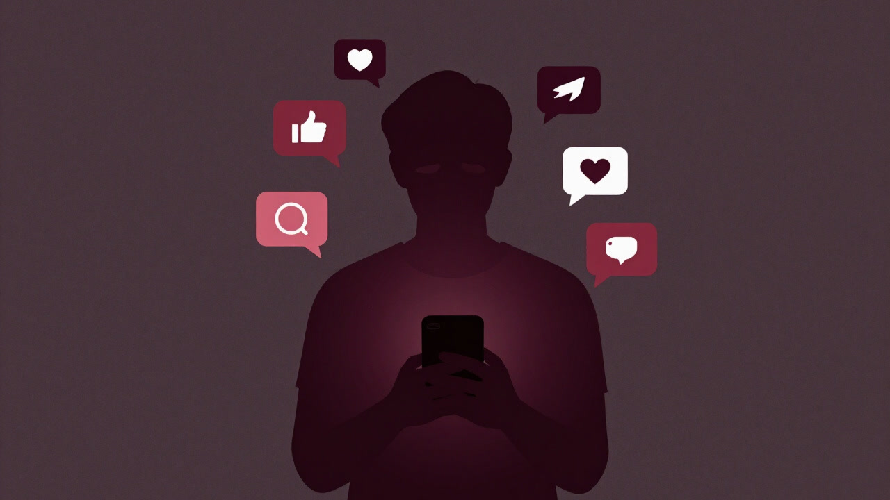 無数の通知バッジに囲まれ、疲れ切った表情でスマホを眺める利用者のシルエット