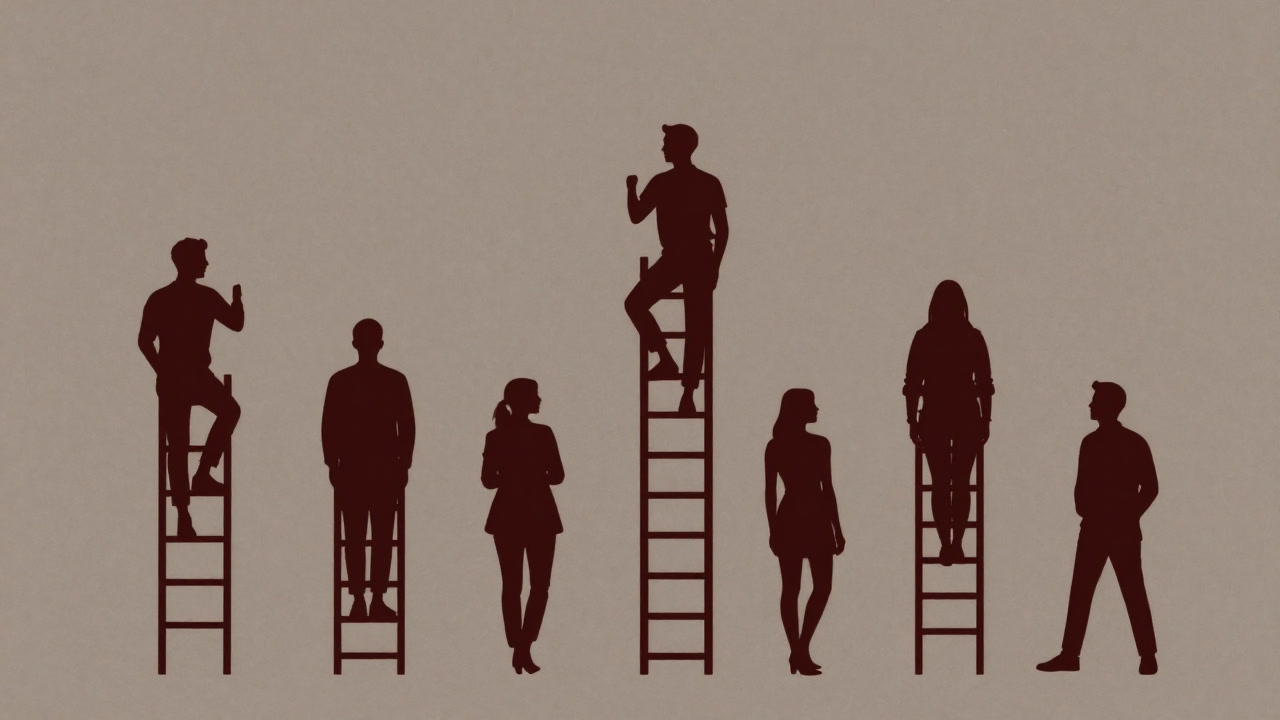 大小さまざまな人々が梯子を登り、同時に別の梯子を降りるシルエットが重なり合うイラスト