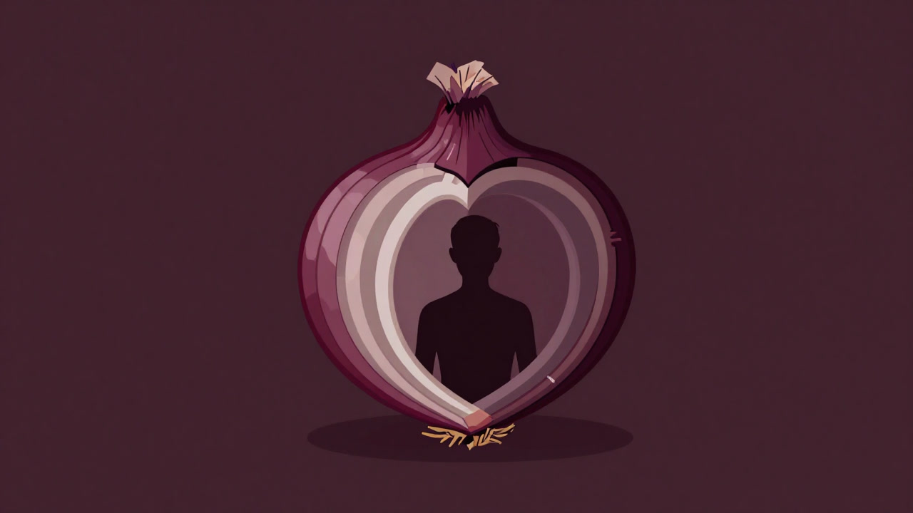 心の層を表すタマネギが剥かれ、人間のシルエットが現れるイラスト