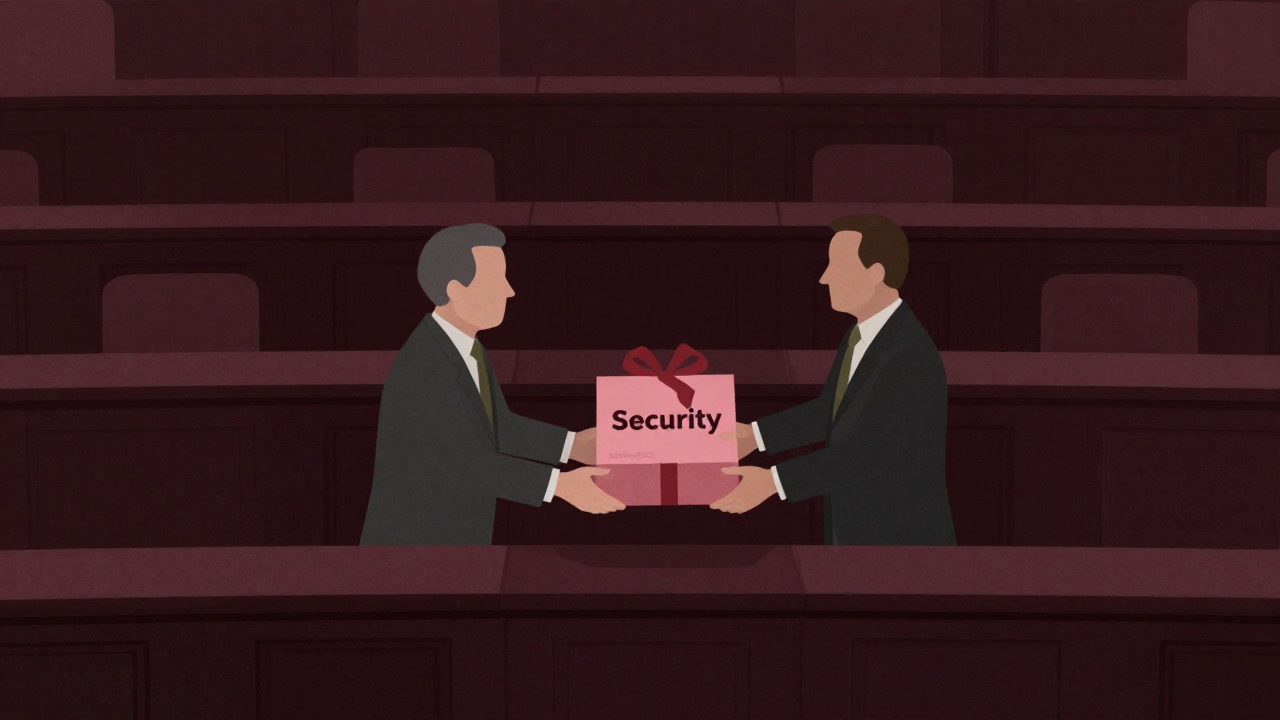 暗い議会の中で、バラ色の包装紙に包まれた“安心”の贈り物をひたすら回し続ける政治家たちのイラスト