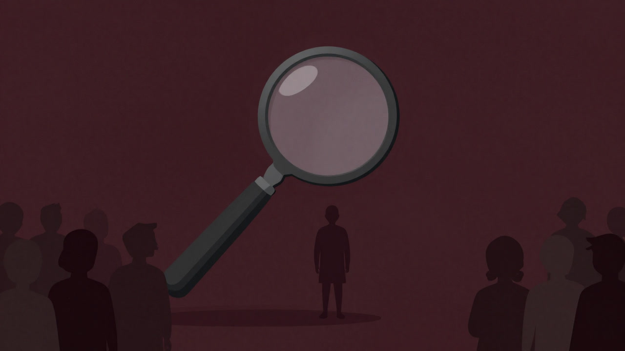 巨大なルーペを持った群衆が、一人の影を拡大して裁いているイラスト