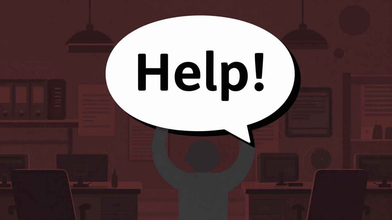 忙しいオフィスで支援要請の吹き出しを掲げるキャラクターのイラスト