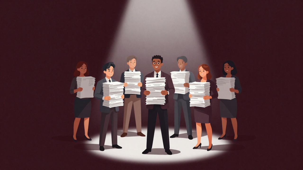 A satirical illustration of people holding stacks of paperwork smiling under a spotlight that highlights the dark side of community support.