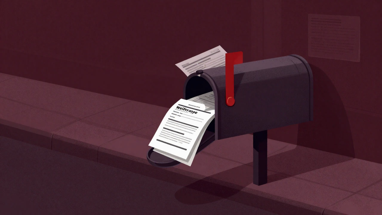 疲弊した街角で、郵便受けに投げ込まれる大量の福祉申請書の山の画像