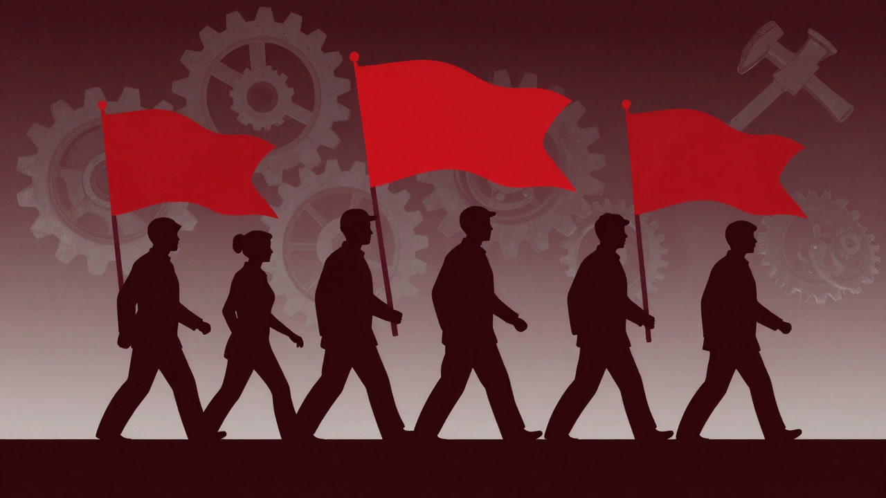 赤い旗を掲げて行進する人々の影絵、背景には歯車とハンマーのモチーフ