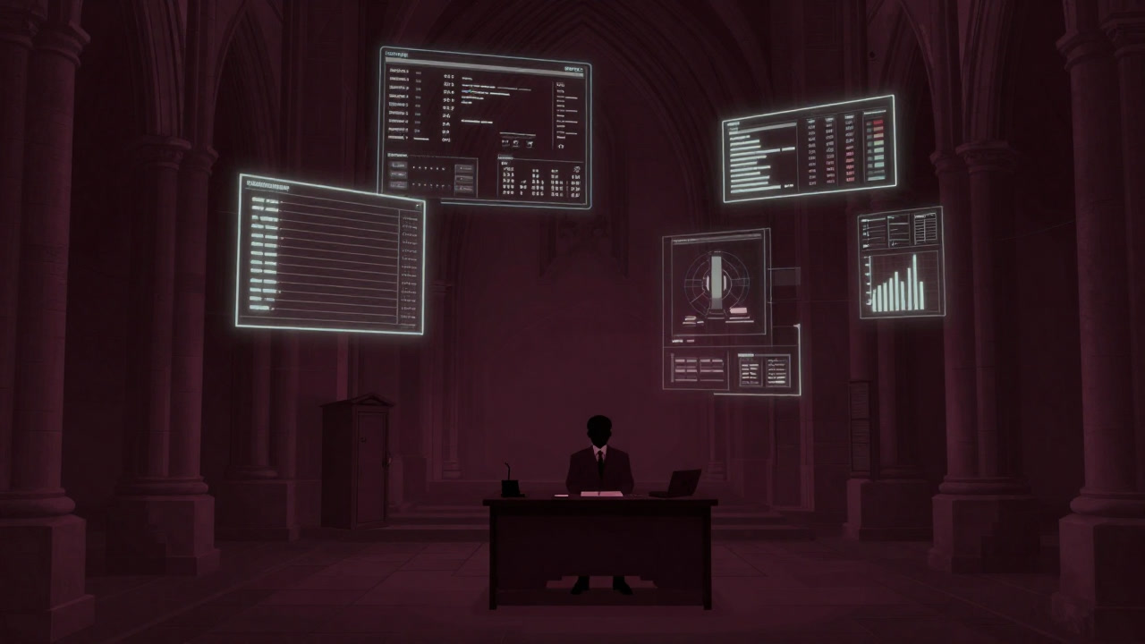 Silhouette of a tired researcher sitting at a desk inside an old church, surrounded by glowing charts and statistical reports like signals