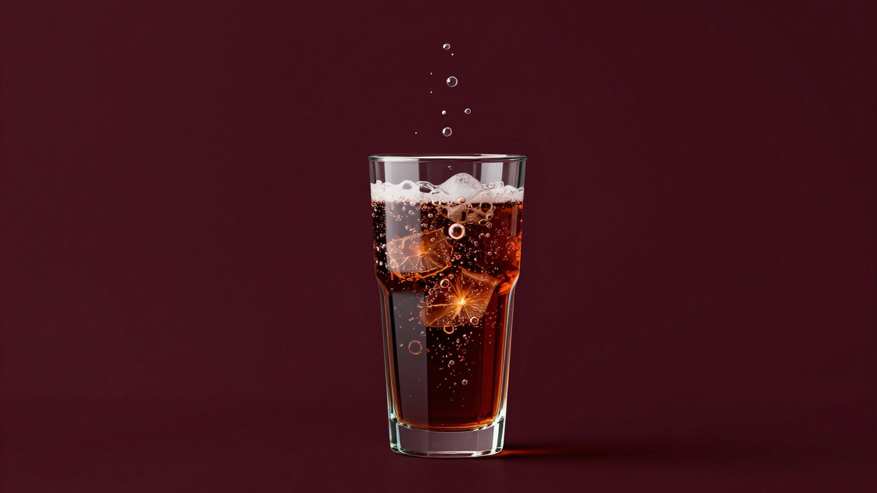泡立つ炭酸飲料がグラスで輝き、甘い誘惑を放つ様子