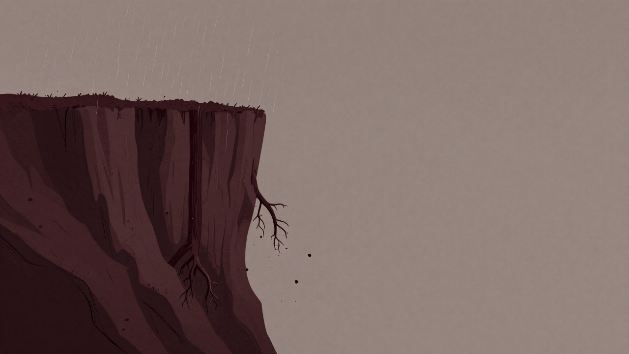 風雨にさらされ崖から崩れ落ちる土と根を晒す木の根元の写真