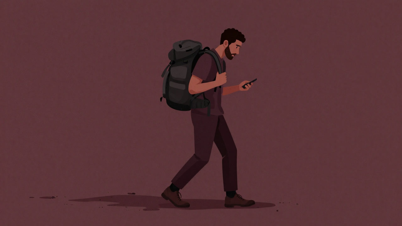 古びた旅人が重いザックとスマートフォンを手に、足踏みしながら次の一歩をためらう姿
