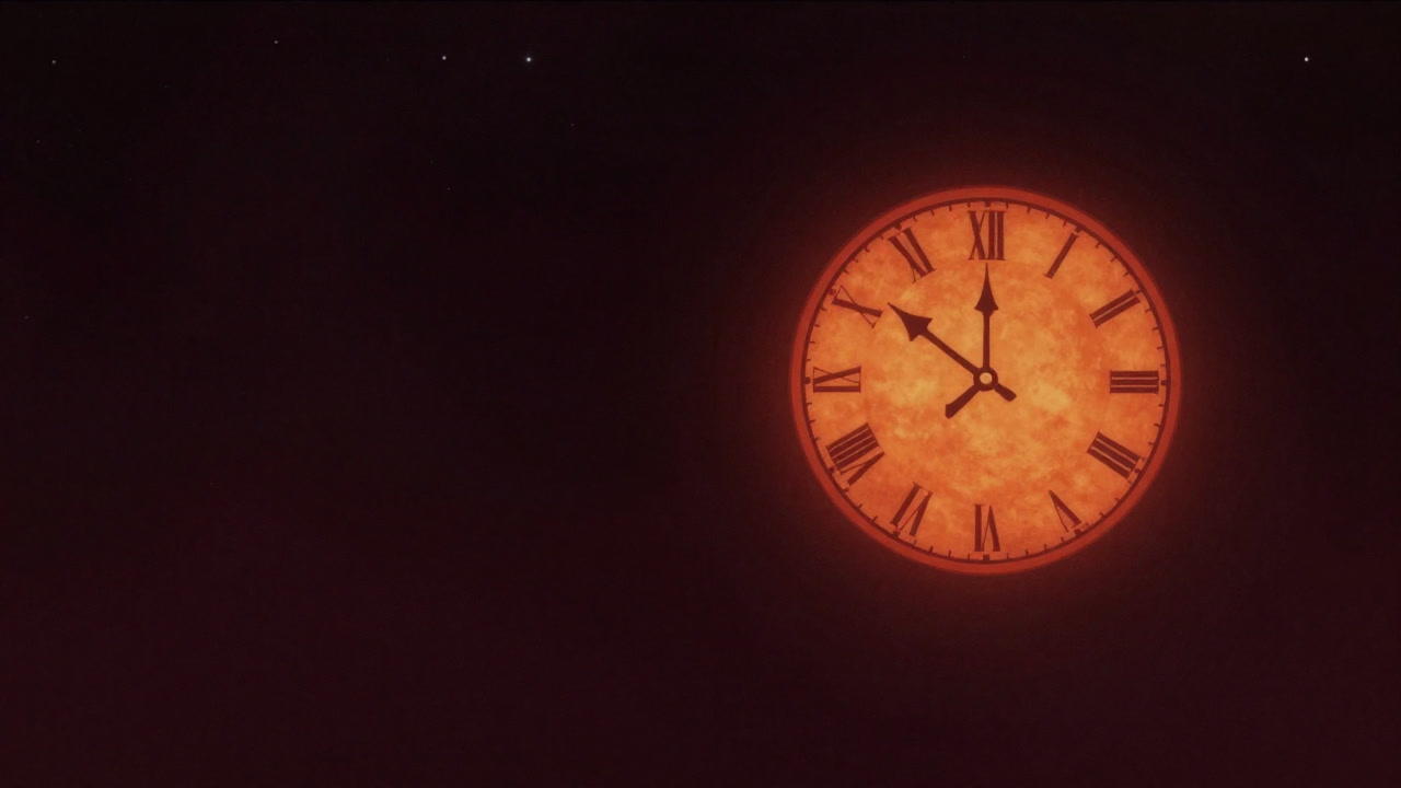 星空を背景に太陽と時計が戦うダークファンタジー風のイラスト