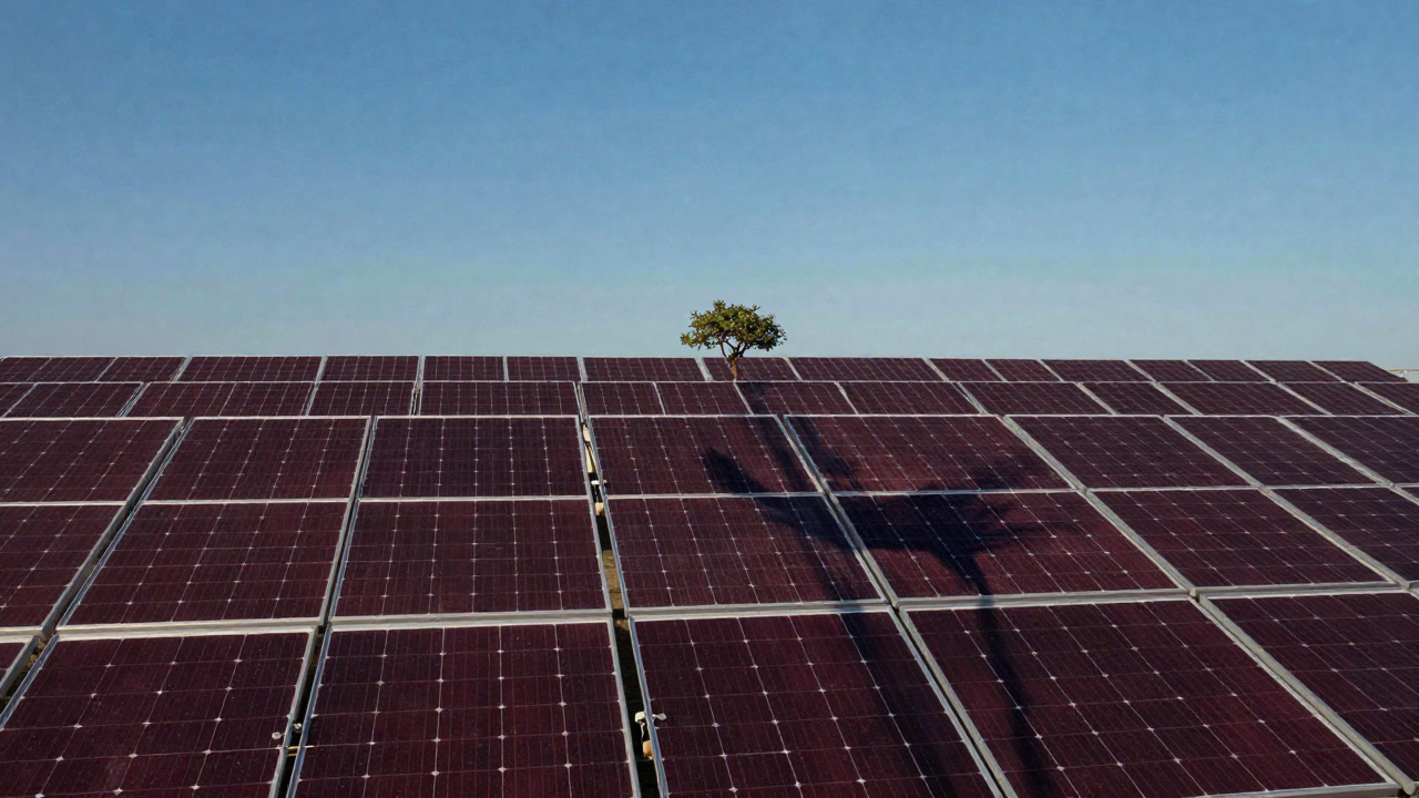 Under a clear sky, rows of solar panels stretch to the horizon, but one lone panel sits in the shade, looking out of place.