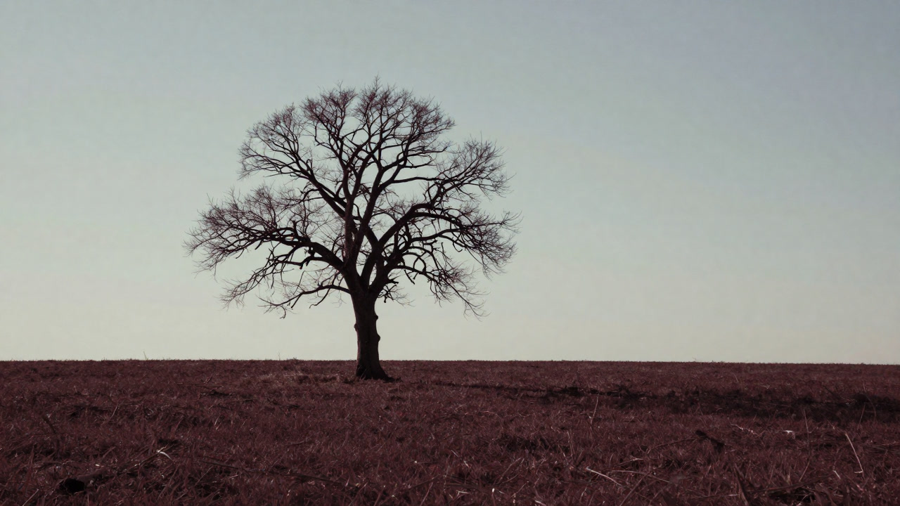 A photograph of a single withered tree standing alone in a faded rural landscape.