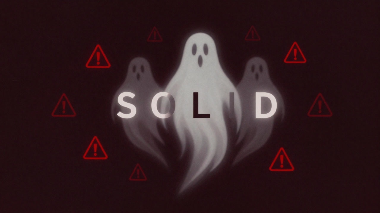 Illustration of the five letters SOLID floating like ghosts against a dark background with red warning signs.