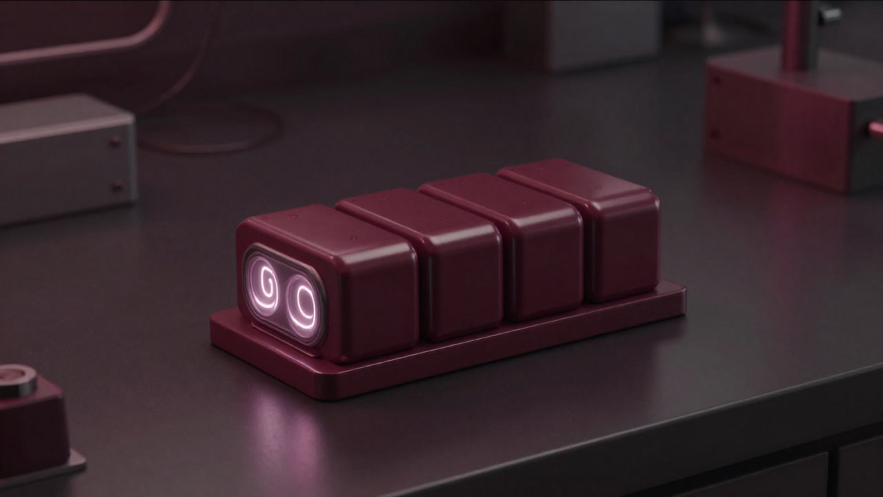 A futuristic lab scene showing a glowing solid-state battery cell like a jewel.